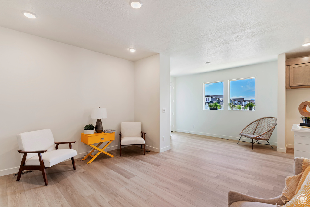 Living area with light wood-type flooring and recessed lighting