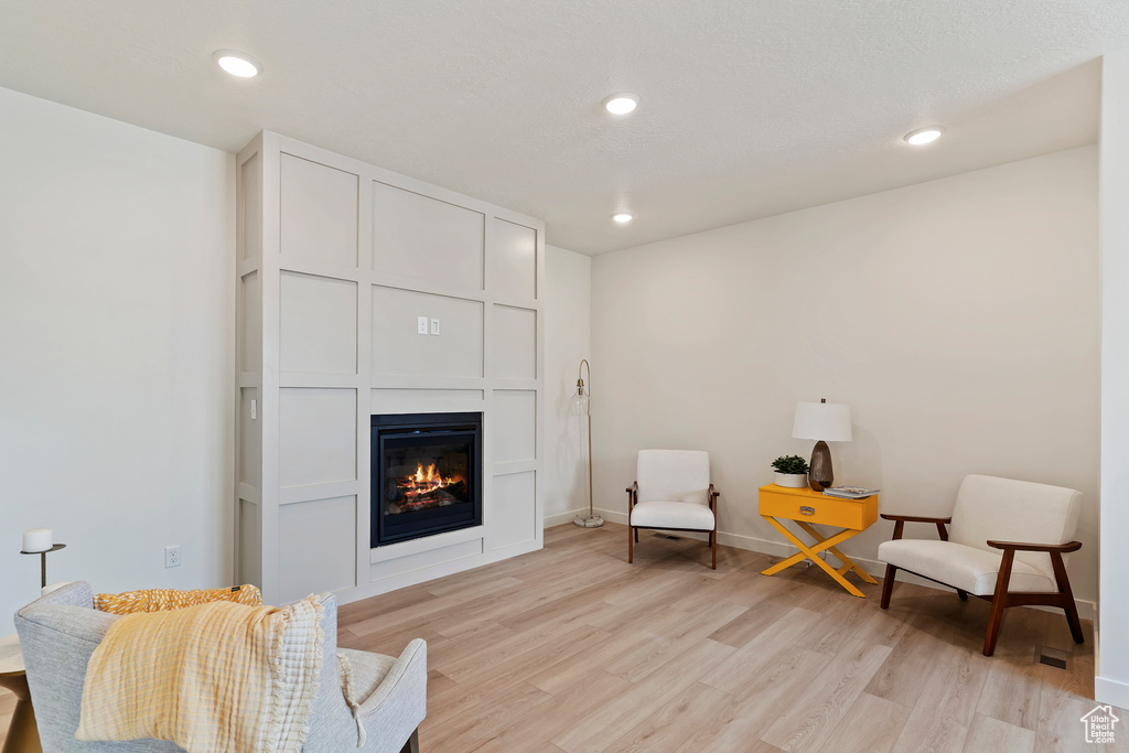 Living area featuring a glass covered fireplace, light wood finished floors, and recessed lighting
