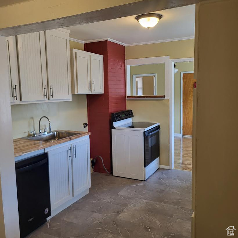 Kitchen featuring crown molding, white cabinets, a sink, white electric stove, and dishwasher