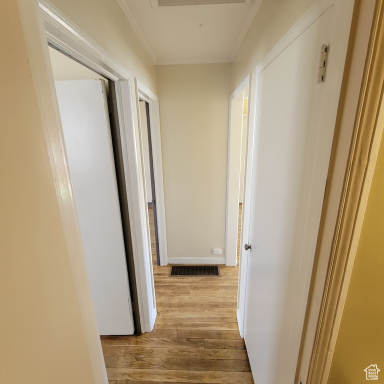 Hallway with crown molding, visible vents, and wood finished floors