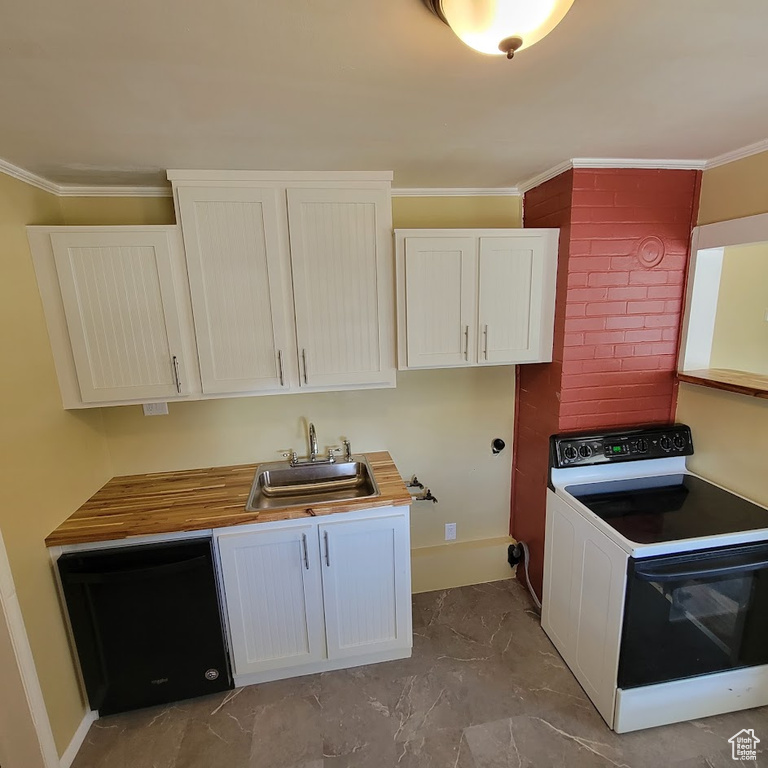 Kitchen featuring crown molding, a sink, dishwasher, marble finish floor, and white electric stove