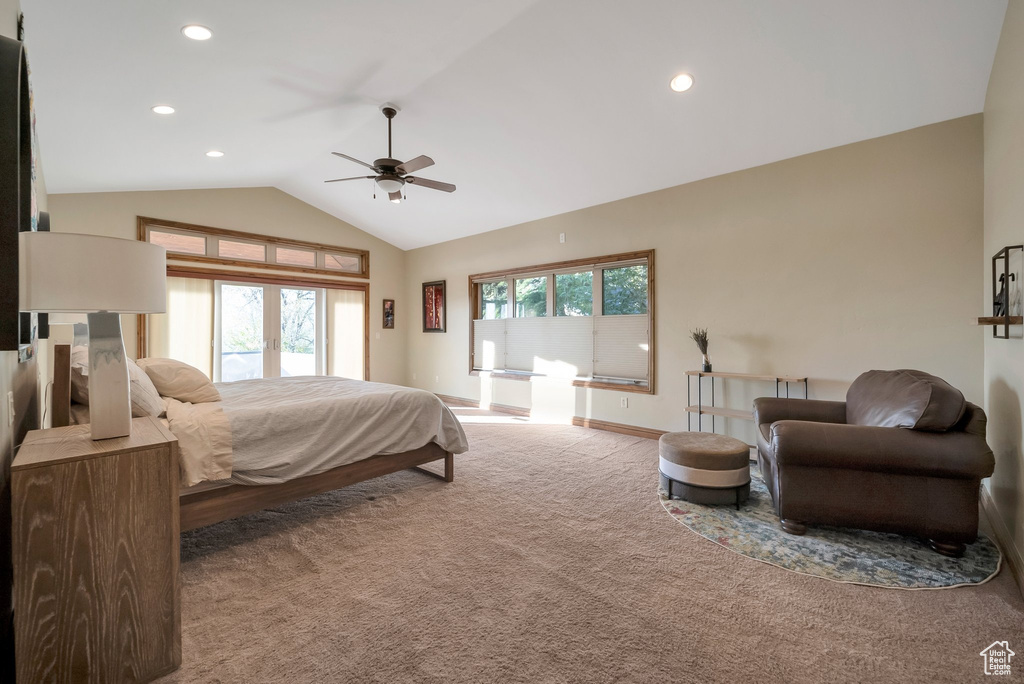 Carpeted bedroom featuring baseboards, a ceiling fan, recessed lighting, and lofted ceiling