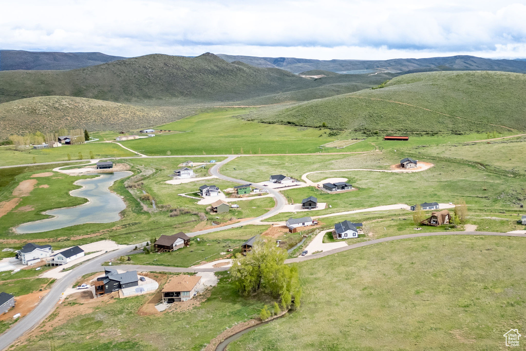 Aerial overview of property's location featuring a water and mountain view