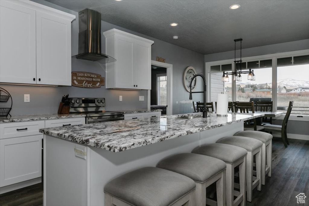 Kitchen with a sink, wall chimney exhaust hood, dark wood finished floors, and electric stove