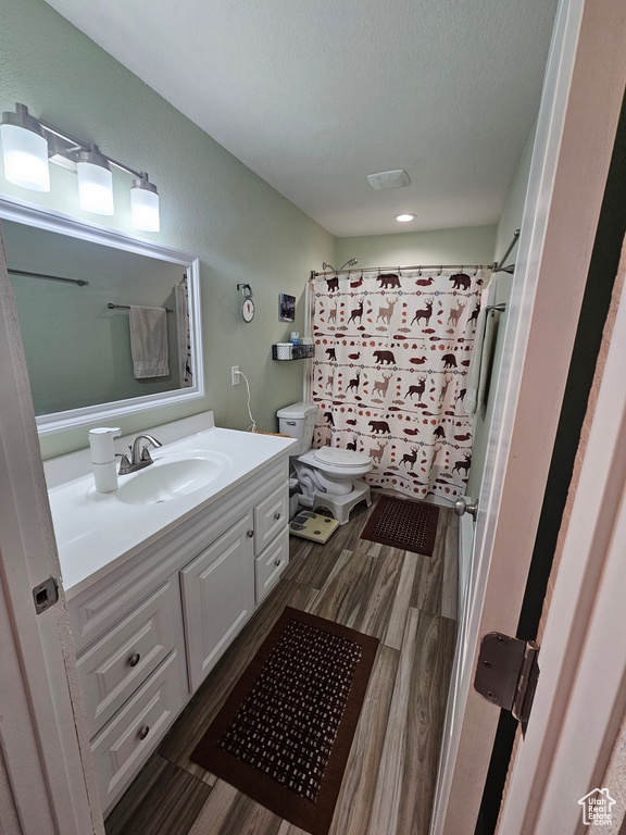Full bathroom with vanity, wood finished floors, toilet, a textured ceiling, and a shower with curtain