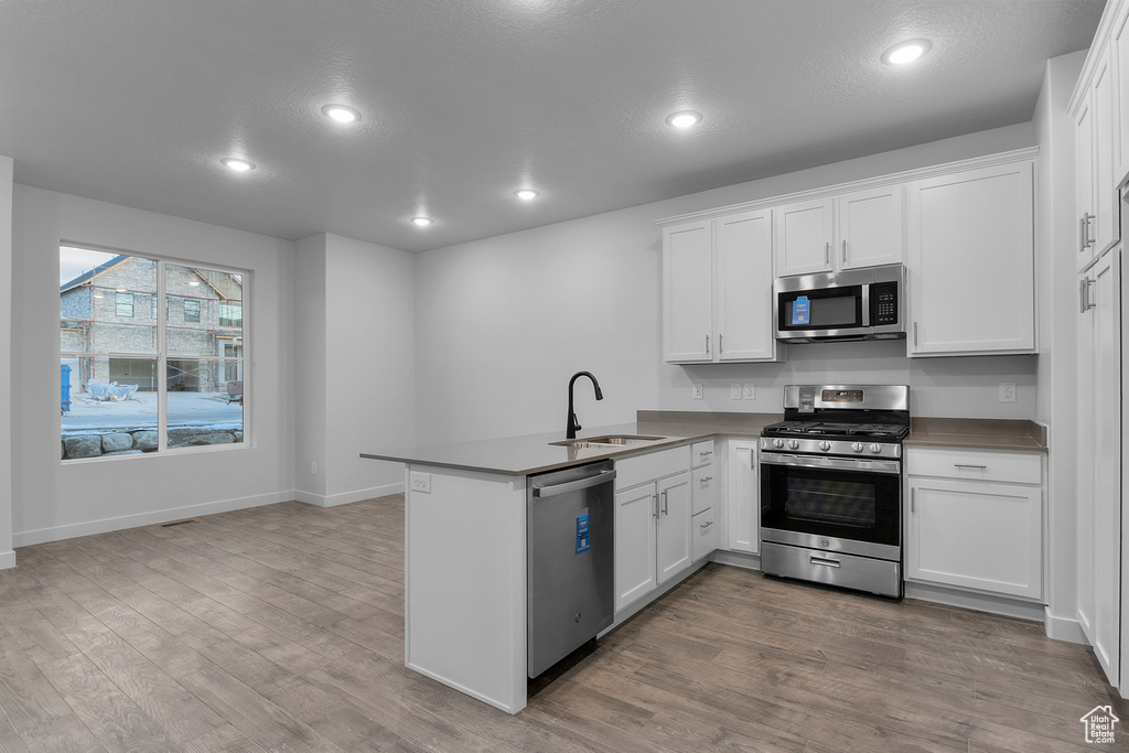 Kitchen with wood finished floors, a sink, a peninsula, stainless steel appliances, and white cabinetry