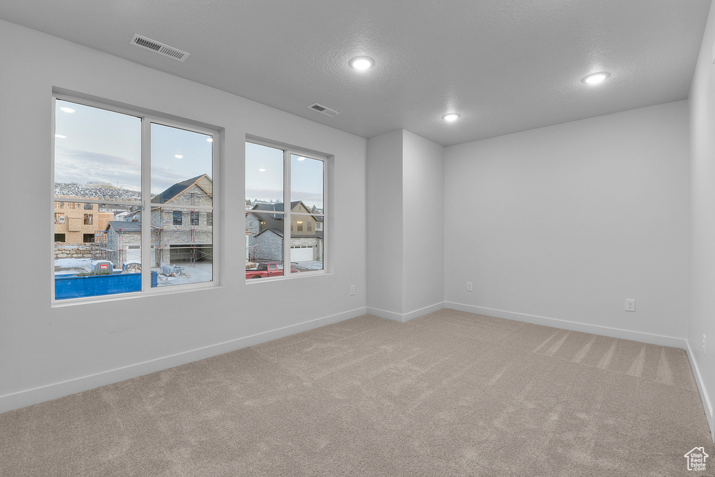 Spare room with a wealth of natural light, light colored carpet, and visible vents
