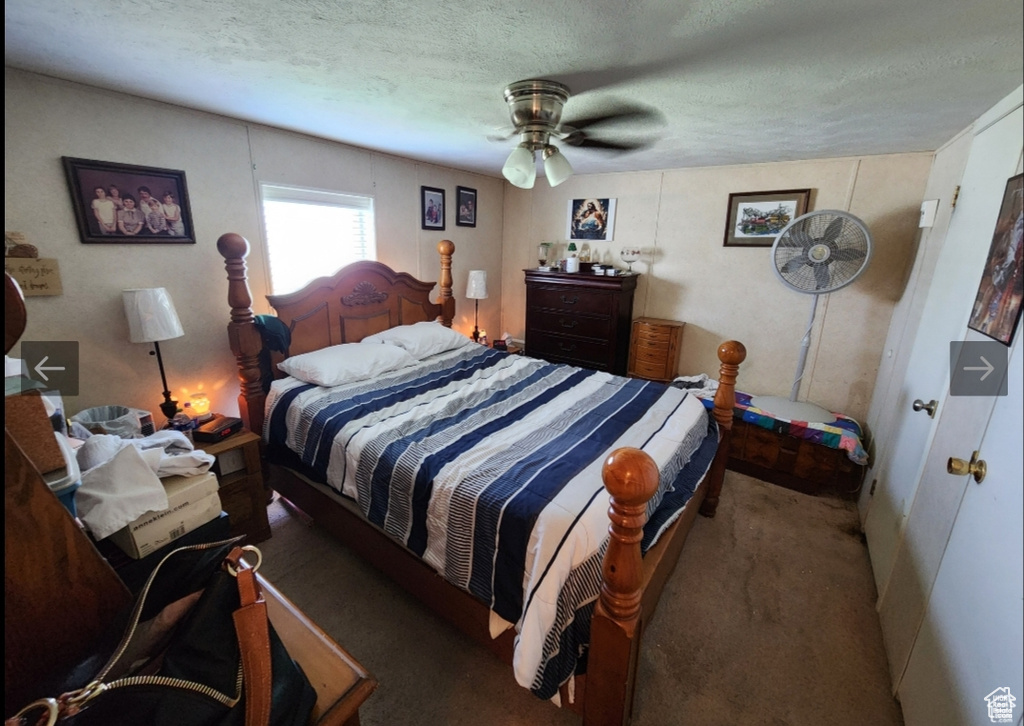 Bedroom featuring carpet floors, a ceiling fan, and a textured ceiling