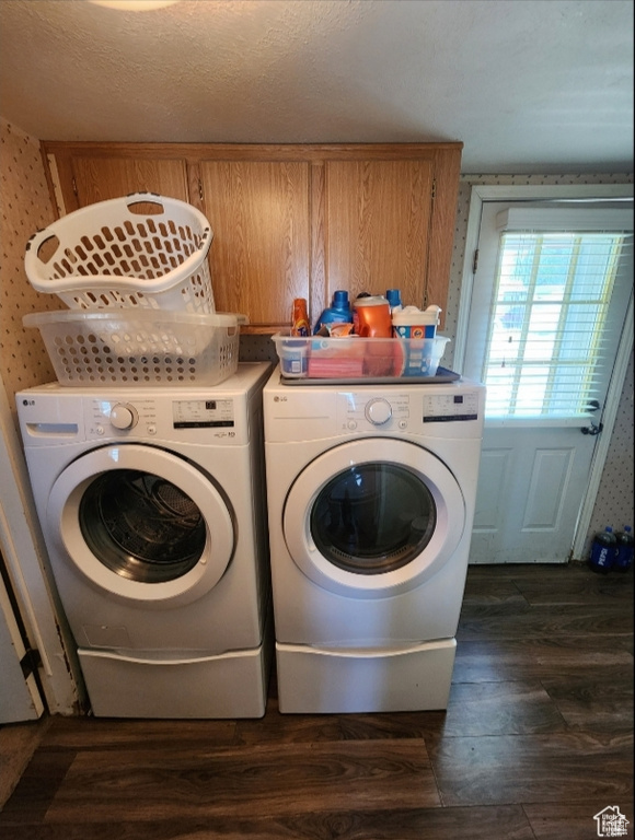 Laundry room featuring laundry area, dark wood finished floors, and washer and clothes dryer