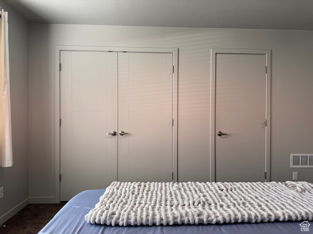 Carpeted bedroom with baseboards, visible vents, and a closet