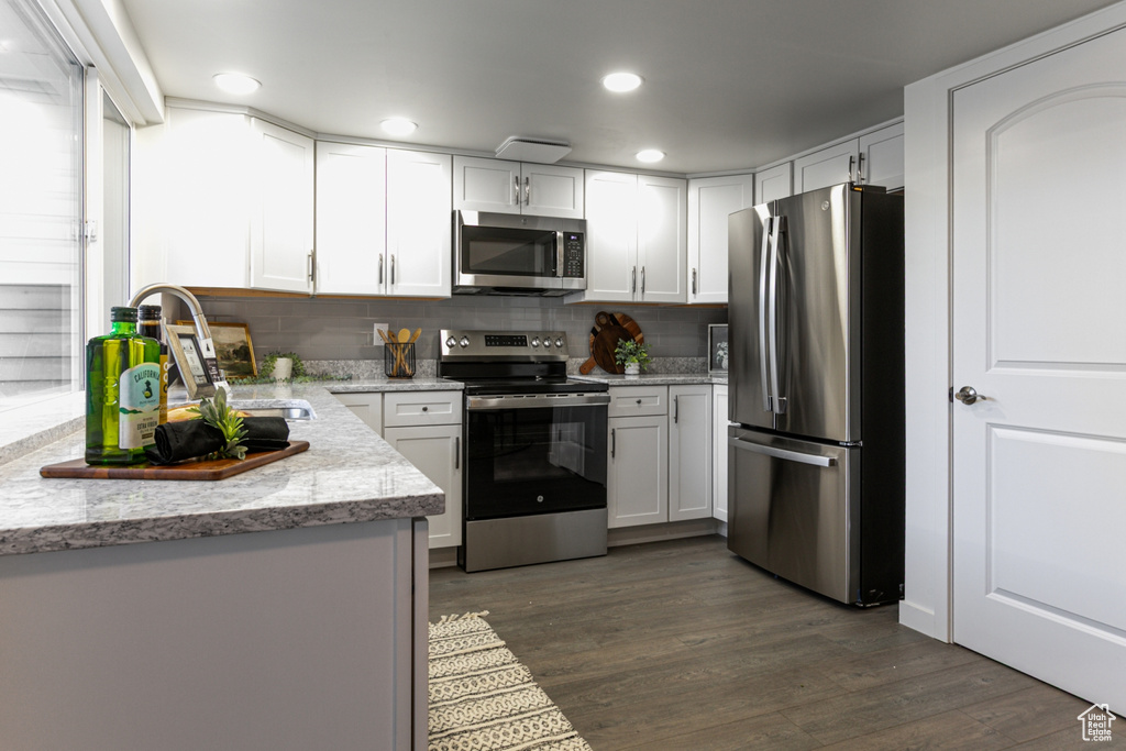 Kitchen with stainless steel appliances, recessed lighting, backsplash, and light stone counters