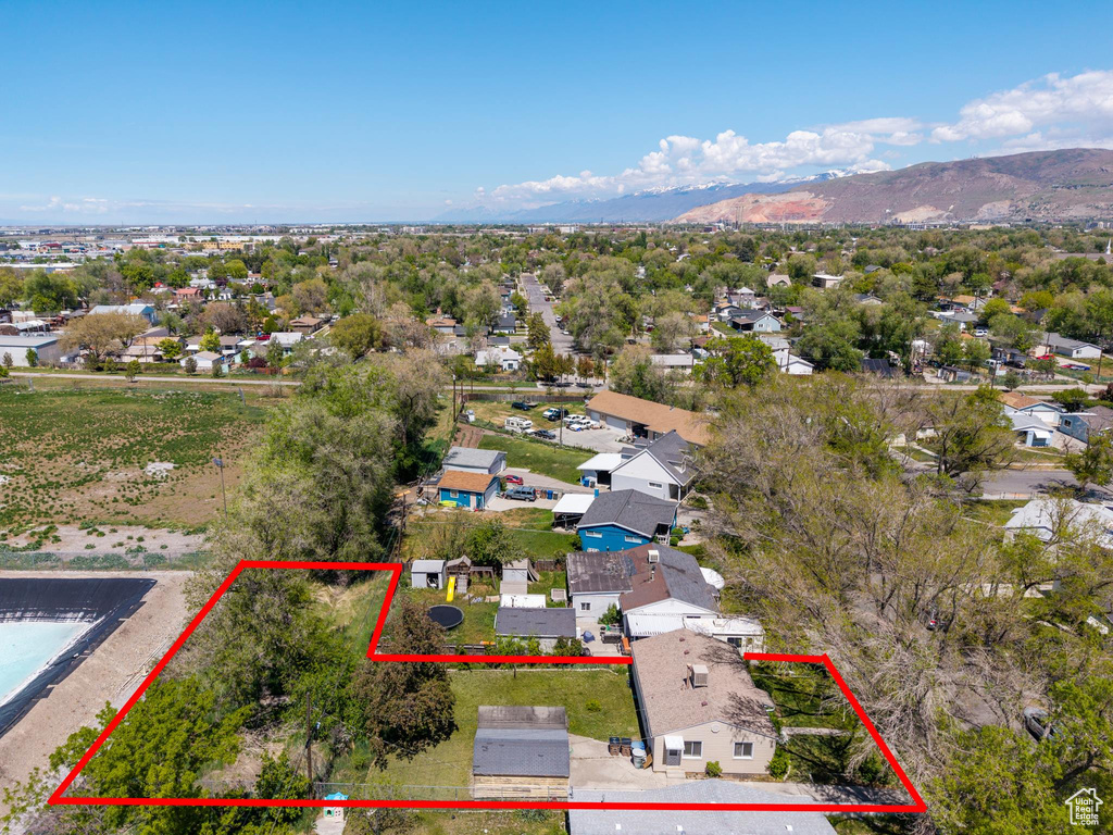 Drone / aerial view featuring a residential view and a mountain view