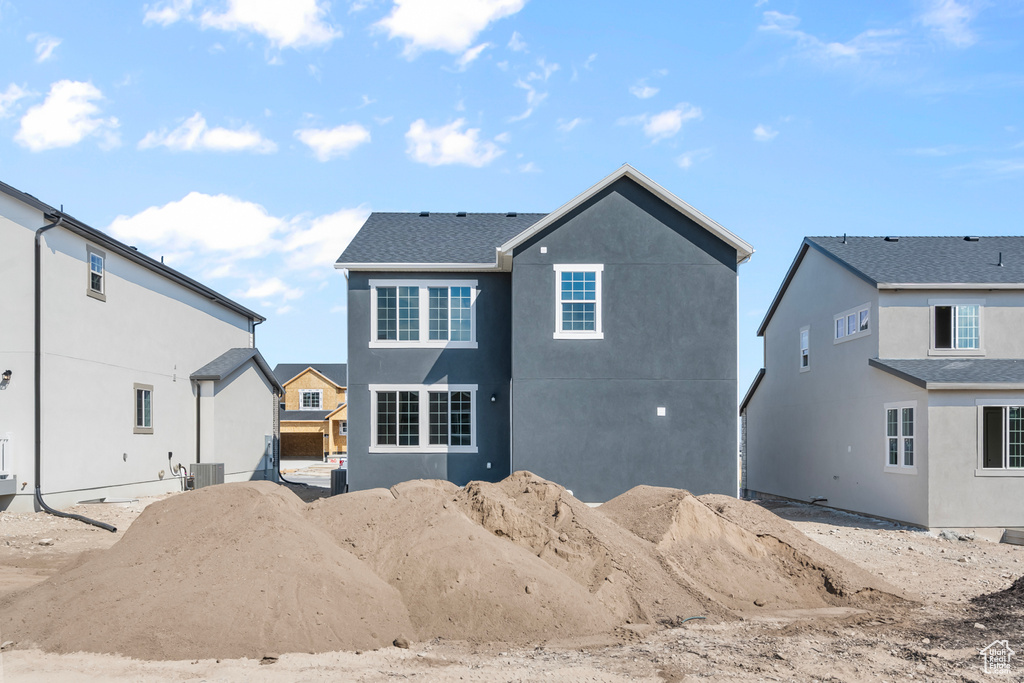Rear view of house featuring stucco siding and cooling unit