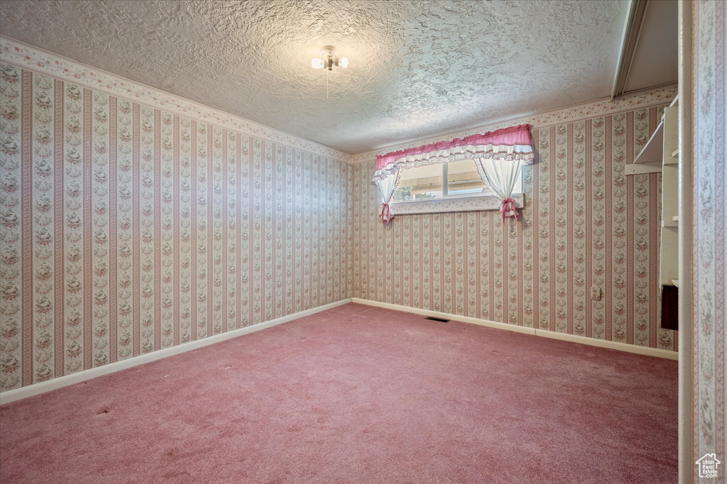 Empty room featuring carpet and a textured ceiling