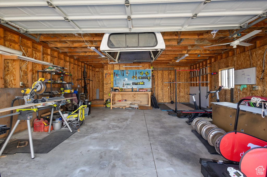 Garage featuring a workshop area