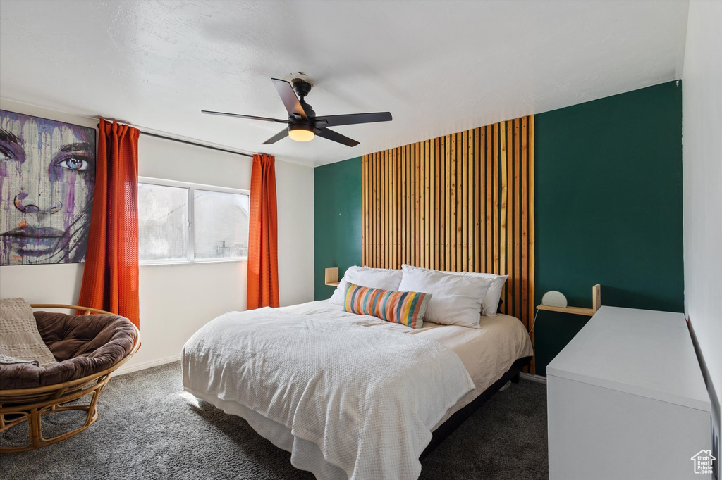 Bedroom with carpet floors and ceiling fan