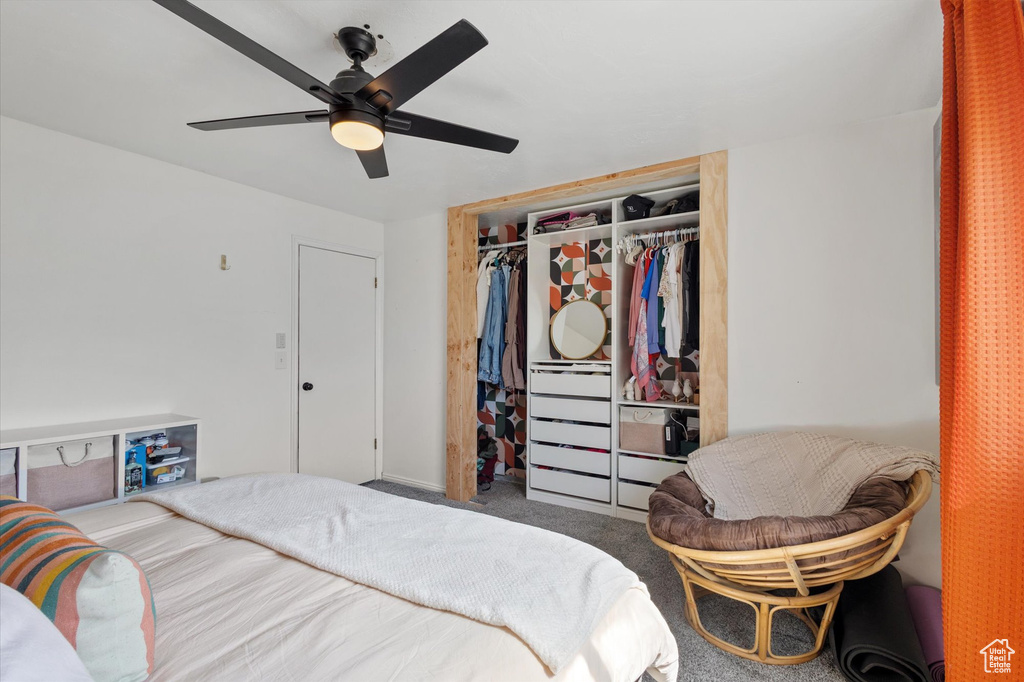 Bedroom featuring a closet, carpet floors, and ceiling fan