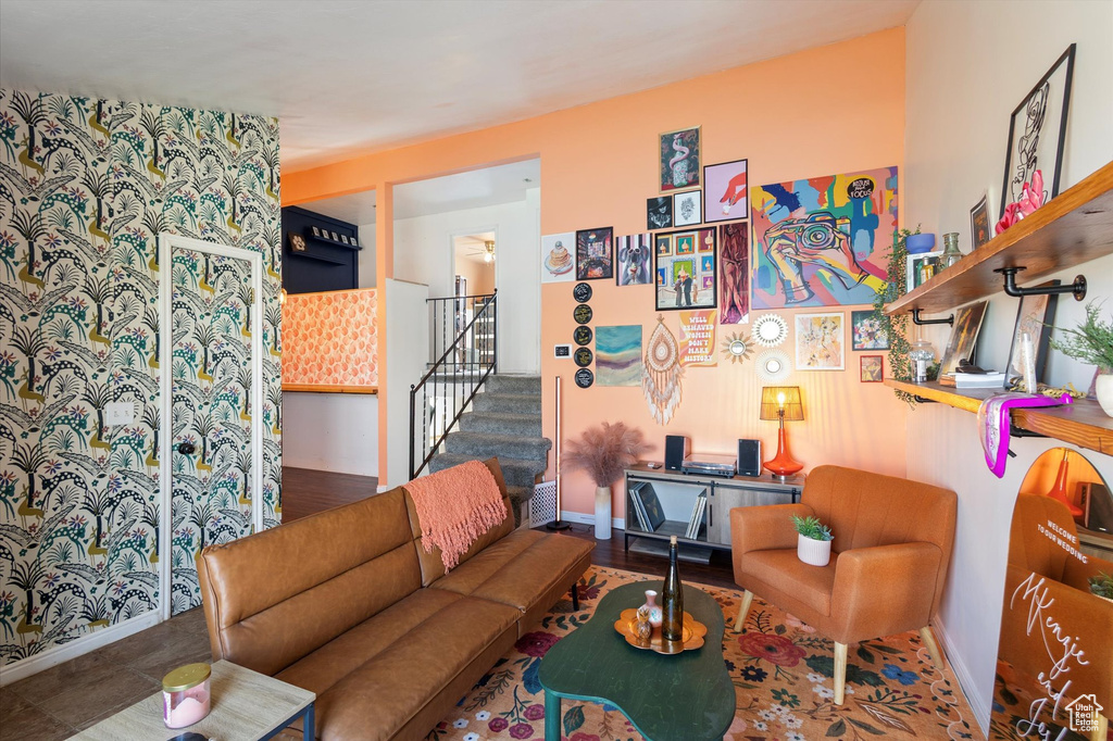 Living room featuring stairway
