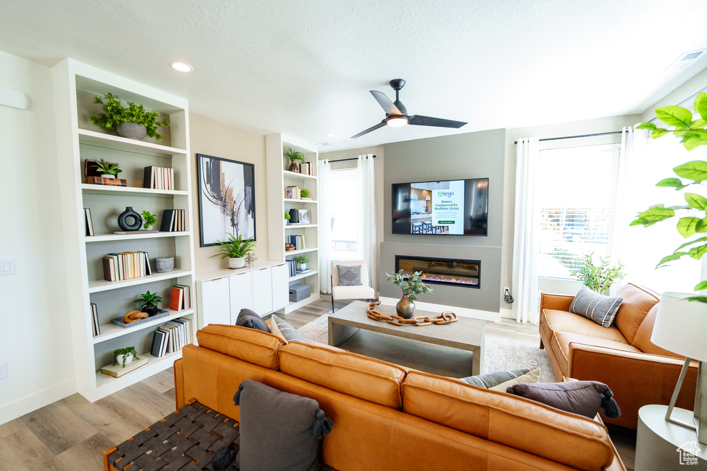 Living area featuring baseboards, wood finished floors, a healthy amount of sunlight, and a glass covered fireplace