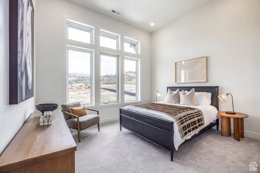 Carpeted bedroom with visible vents and baseboards