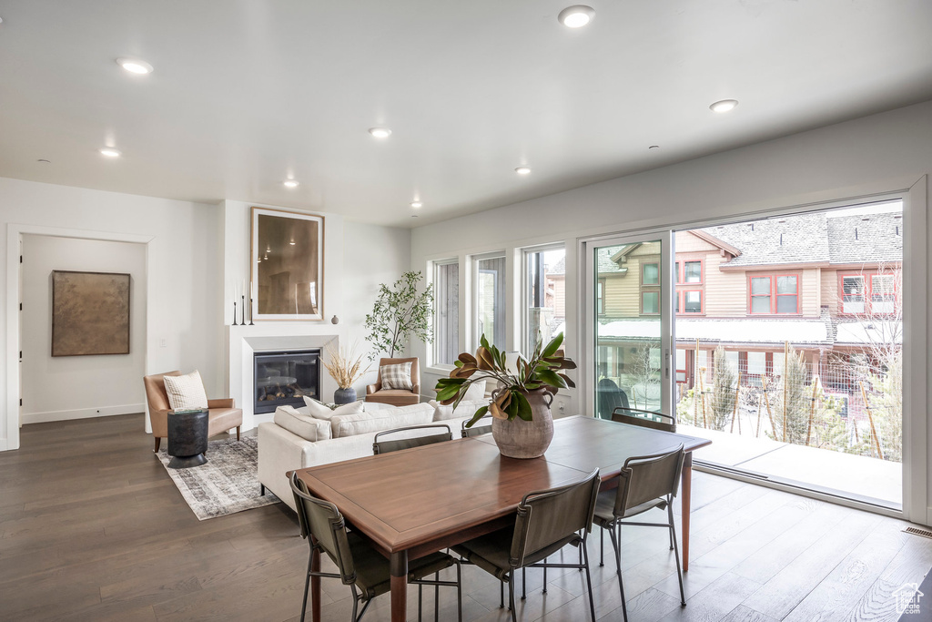 Dining area with dark wood-style flooring, baseboards, a glass covered fireplace, and recessed lighting