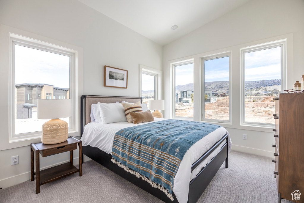Bedroom featuring baseboards, carpet flooring, and vaulted ceiling
