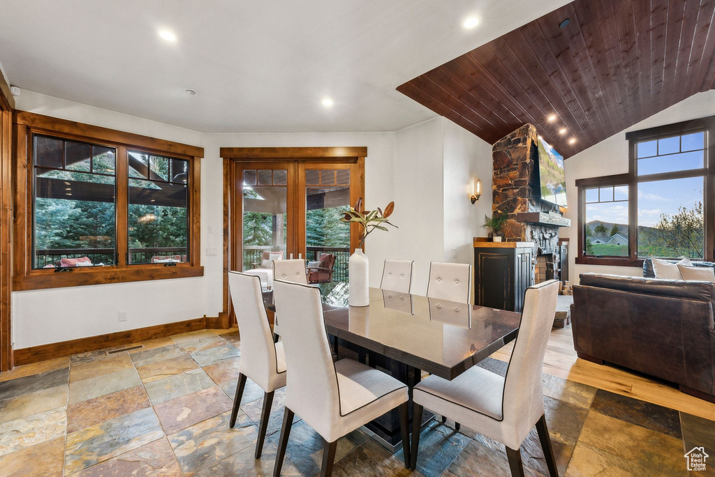 Dining area with stone tile flooring, baseboards, a healthy amount of sunlight, and a stone fireplace