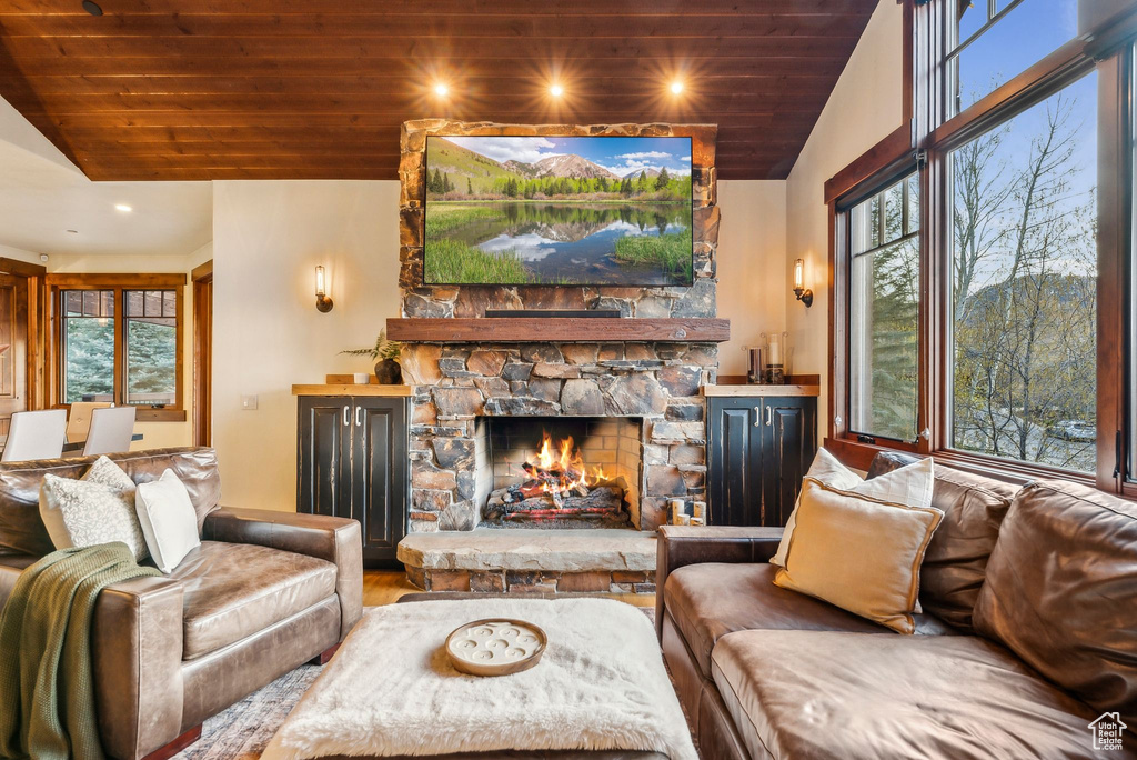 Living area featuring wood ceiling, a fireplace, vaulted ceiling, and wood finished floors