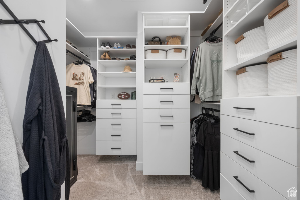 Spacious closet with light colored carpet