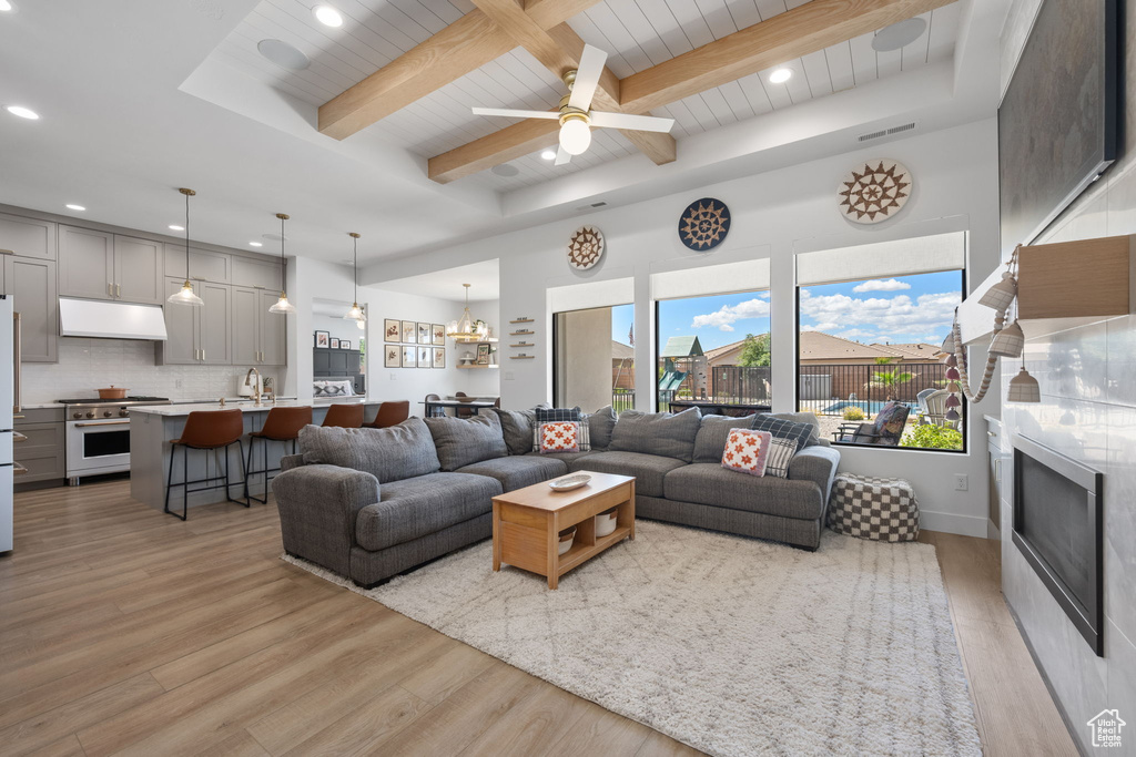 Living area with visible vents, beam ceiling, light wood-style floors, recessed lighting, and wooden ceiling