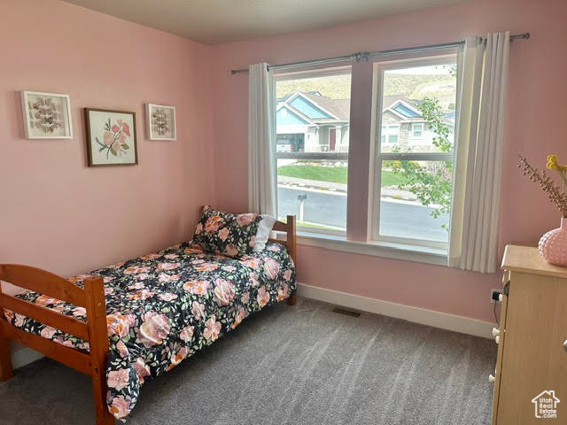 Bedroom with baseboards, carpet, and visible vents