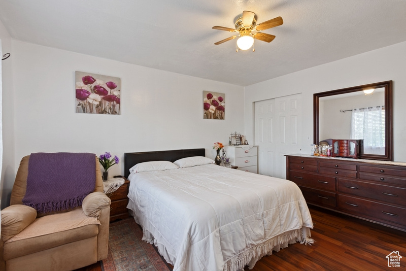 Bedroom with a ceiling fan, a closet, and dark wood-style floors