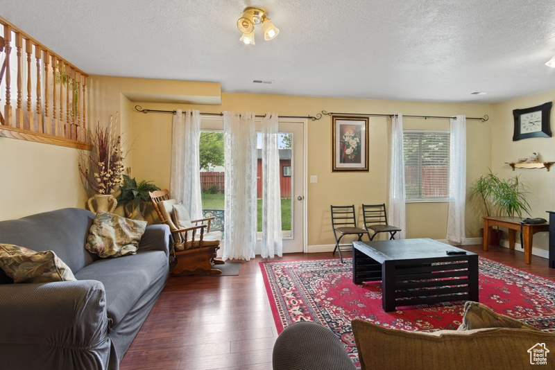 Living room featuring a healthy amount of sunlight, a textured ceiling, and wood finished floors