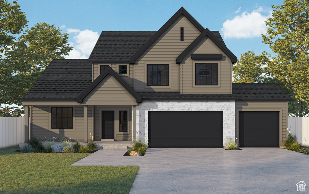 View of front facade featuring a garage, a front lawn, fence, roof with shingles, and driveway