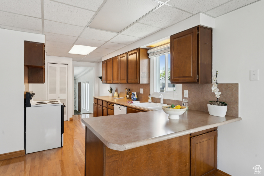 Kitchen with a sink, light wood finished floors, a peninsula, a drop ceiling, and white appliances