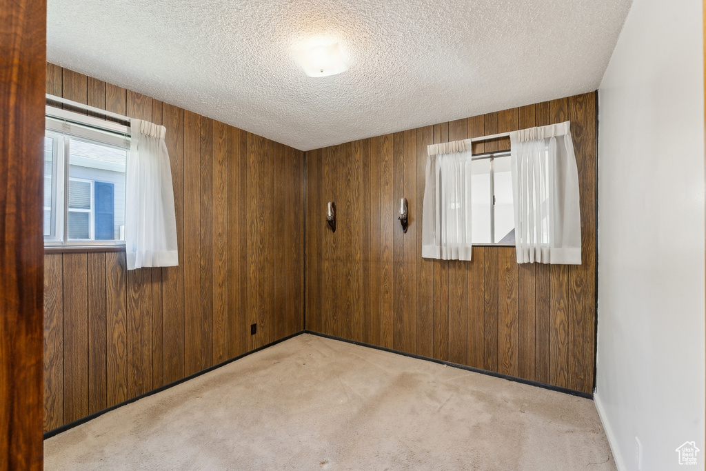 Spare room featuring carpet floors, a textured ceiling, and wooden walls