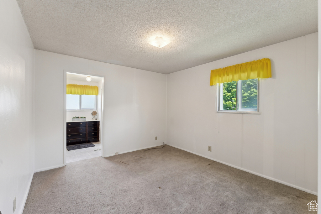 Spare room featuring baseboards, a textured ceiling, and carpet