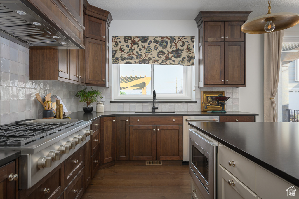 Kitchen with dark wood-style flooring, dark countertops, a sink, premium range hood, and stainless steel appliances
