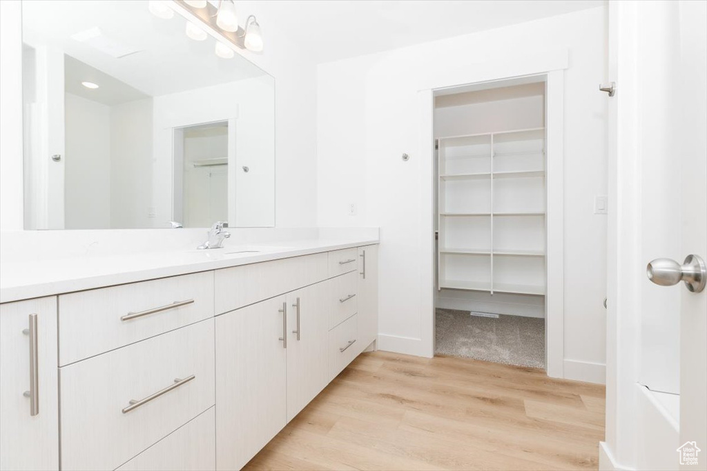 Bathroom with vanity, baseboards, wood finished floors, and a spacious closet