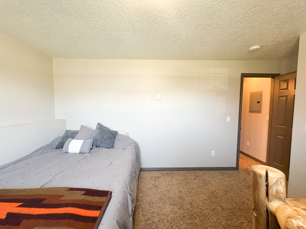 Carpeted bedroom featuring baseboards, a textured ceiling, and electric panel