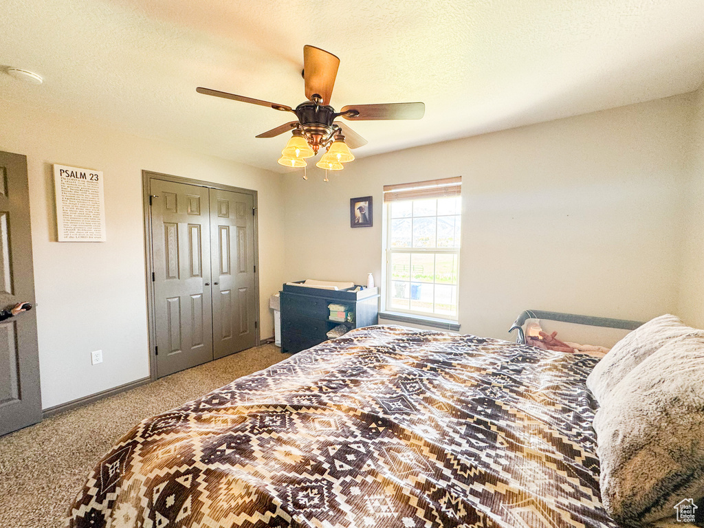 Bedroom featuring ceiling fan, baseboards, carpet, and a closet
