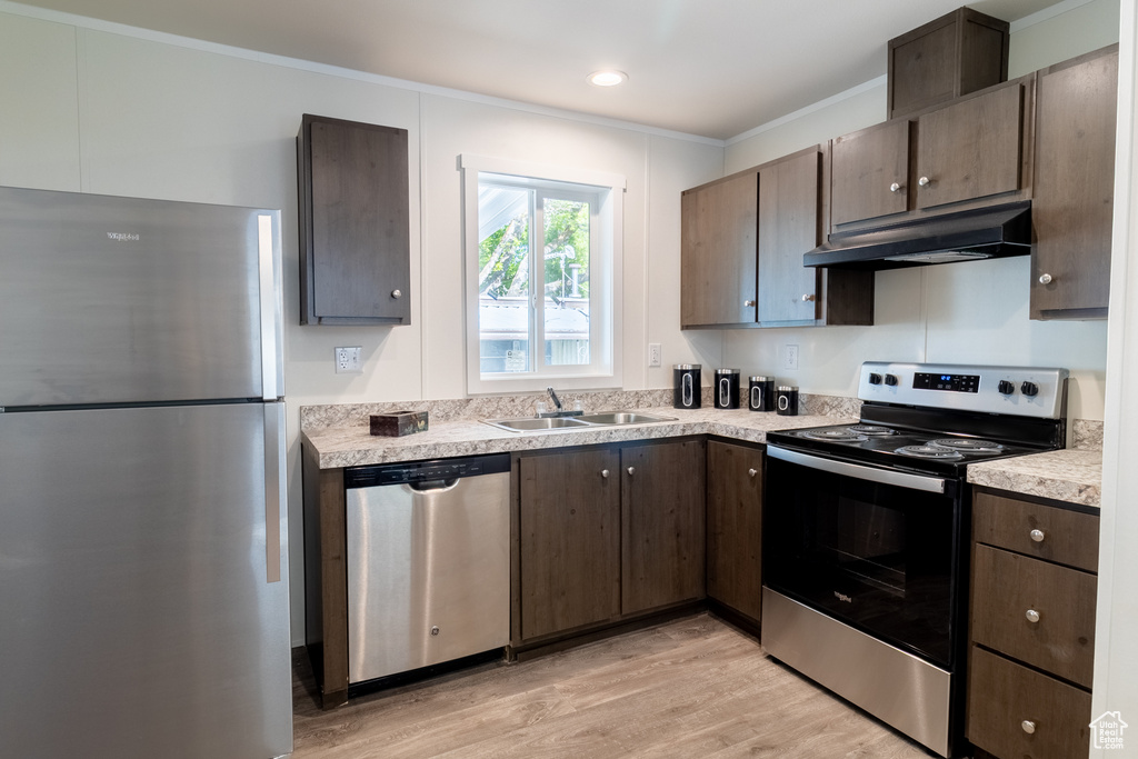Kitchen featuring dark brown cabinetry, appliances with stainless steel finishes, a sink, light countertops, and under cabinet range hood