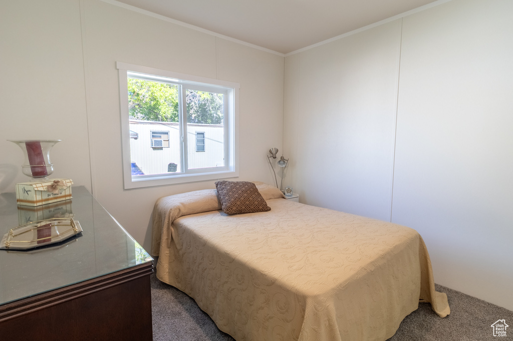 Bedroom with ornamental molding and carpet