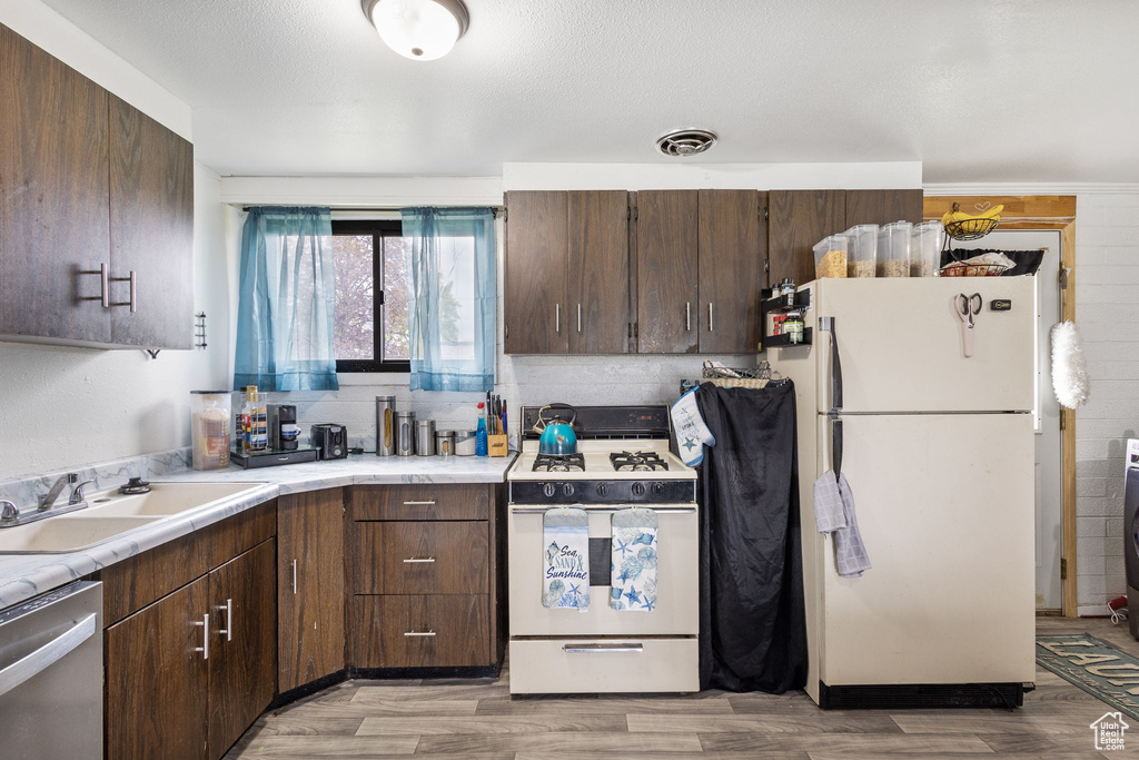 Kitchen with a sink, light wood-style flooring, white appliances, and light countertops