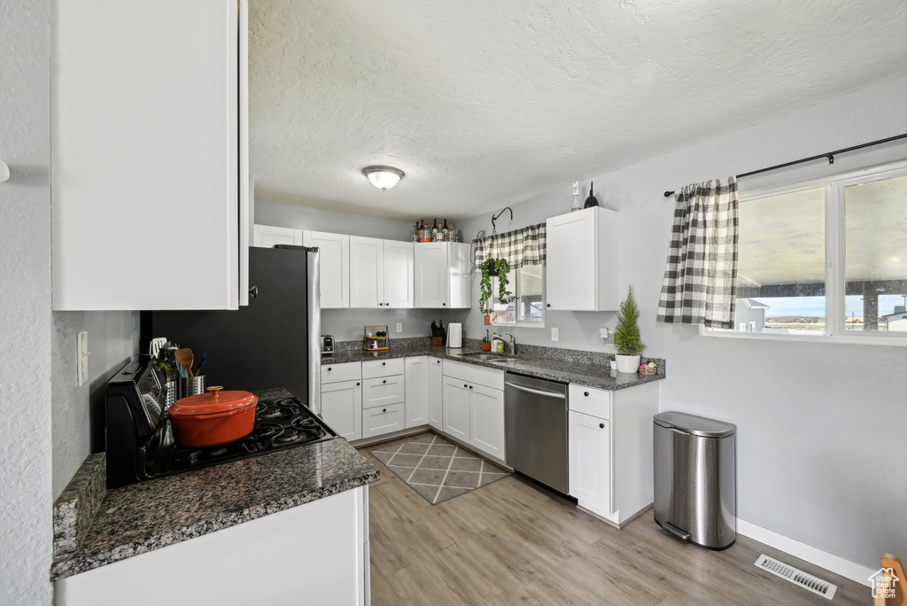 Kitchen featuring visible vents, light wood-type flooring, a sink, stainless steel appliances, and white cabinetry