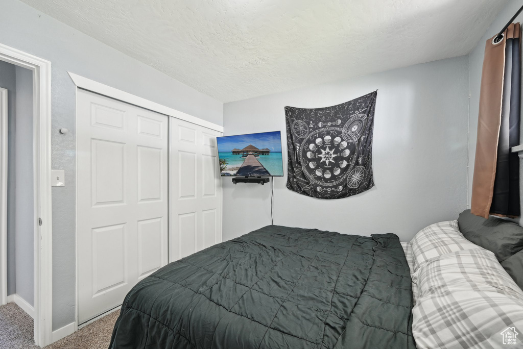 Carpeted bedroom featuring baseboards, a textured ceiling, and a closet