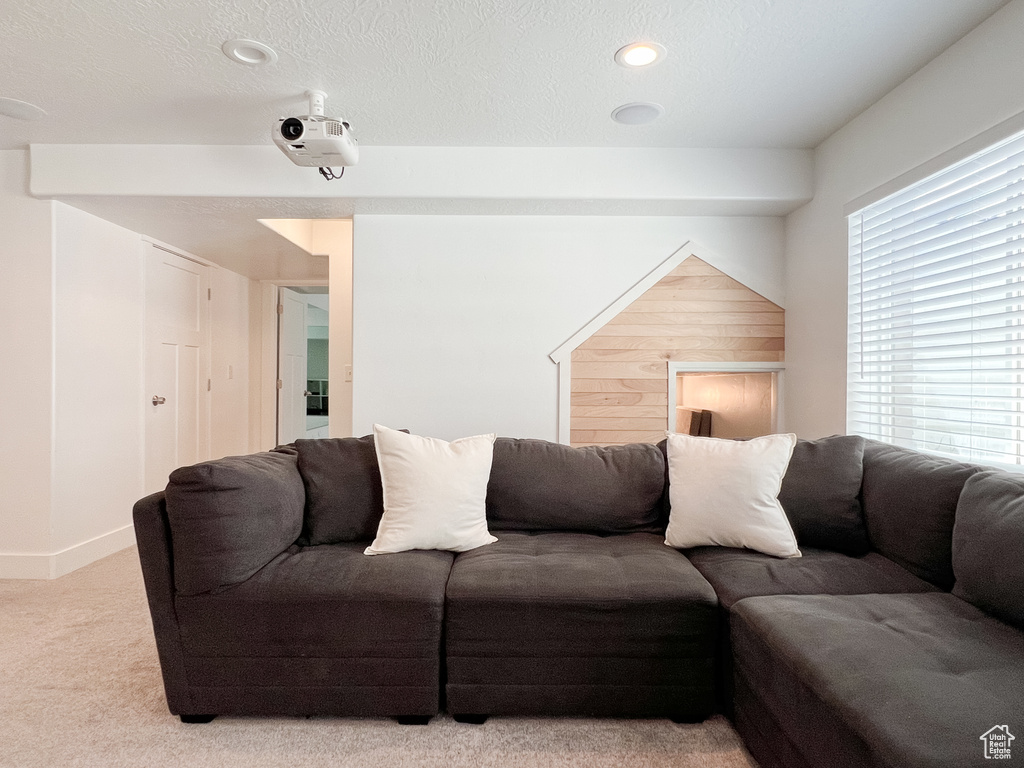 Living room with a healthy amount of sunlight, baseboards, and light colored carpet