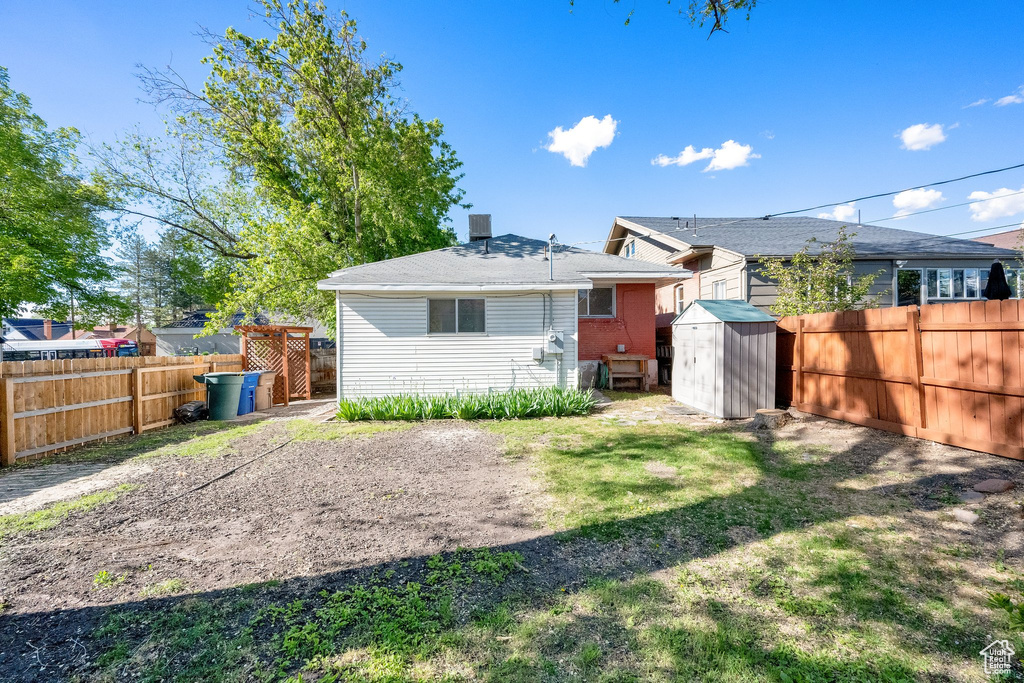 Back of property with a storage shed, an outdoor structure, and a fenced backyard