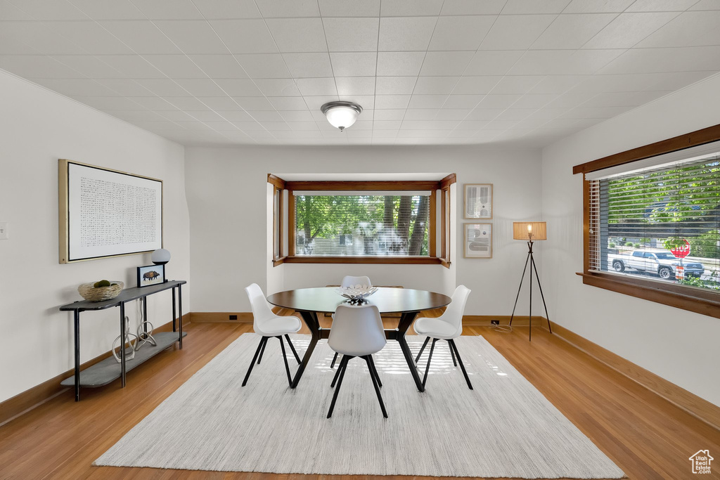 Dining space featuring baseboards, a healthy amount of sunlight, and light wood-style flooring