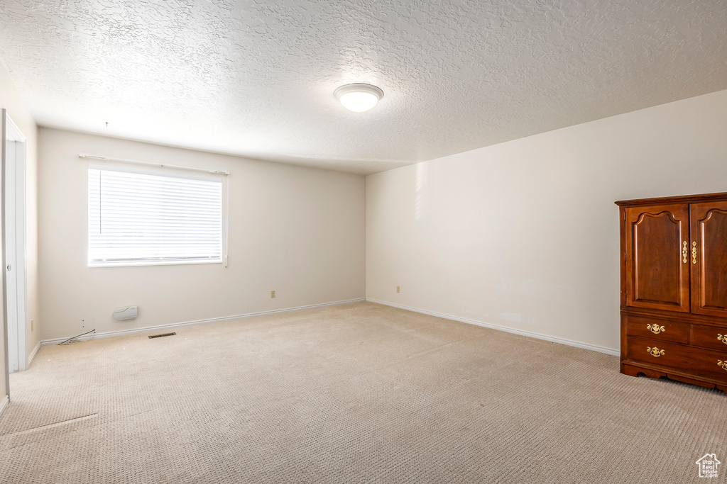 Unfurnished room featuring baseboards, a textured ceiling, and light colored carpet